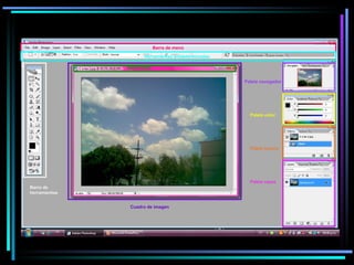 Barra de menú Herramientas predeterminadas Paleta navegador Paleta color Paleta historia Paleta capas Barra titulo Cuadro de imagen Barra de herramientas 