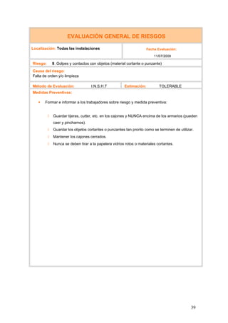 EVALUACIÓN GENERAL DE RIESGOS

Localización: Todas las instalaciones                                 Fecha Evaluación:
                                                                          11/07/2009

Riesgo:       9. Golpes y contactos con objetos (material cortante o punzante)
Causa del riesgo:
Falta de orden y/o limpieza

Método de Evaluación:               I.N.S.H.T           Estimación:          TOLERABLE
Medidas Preventivas:

      Formar e informar a los trabajadores sobre riesgo y medida preventiva:


             Guardar tijeras, cutter, etc. en los cajones y NUNCA encima de los armarios (pueden
              caer y pincharnos).
             Guardar los objetos cortantes o punzantes tan pronto como se terminen de utilizar.
             Mantener los cajones cerrados.
             Nunca se deben tirar a la papelera vidrios rotos o materiales cortantes.




                                                                                              39
 