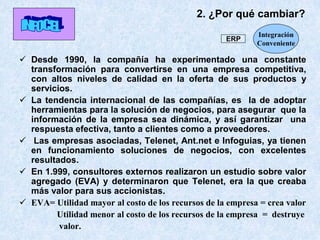 Desde 1990, la compañía ha experimentado una constante
transformación para convertirse en una empresa competitiva,
con altos niveles de calidad en la oferta de sus productos y
servicios.
 La tendencia internacional de las compañías, es la de adoptar
herramientas para la solución de negocios, para asegurar que la
información de la empresa sea dinámica, y así garantizar una
respuesta efectiva, tanto a clientes como a proveedores.
 Las empresas asociadas, Telenet, Ant.net e Infoguias, ya tienen
en funcionamiento soluciones de negocios, con excelentes
resultados.
 En 1.999, consultores externos realizaron un estudio sobre valor
agregado (EVA) y determinaron que Telenet, era la que creaba
más valor para sus accionistas.
 EVA= Utilidad mayor al costo de los recursos de la empresa = crea valor
Utilidad menor al costo de los recursos de la empresa = destruye
valor.
Integración
Conveniente
ERP
2. ¿Por qué cambiar?
 