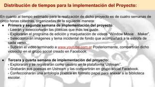 En cuanto al tiempo estimado para la realización de dicho proyecto es de cuatro semanas de
cinco horas cátedras, organizadas de la siguiente manera:
● Primera y segunda semana de implementación del proyecto:
- Leerán y seleccionarán las poesías que más les guste.
- Explorarán el programa de edición y maquetación de videos “Window Movie Maker”.
- Seleccionarán imágenes y tema incidental de fondo que acompañará a la estrofa de
cada verso.
- Subirán el video terminado a www.youtube.com.ar Posteriormente, compartirán dicho
videoclip en el grupo social creado en Facebook.
● Tercera y cuarta semana de implementación del proyecto:
- Explorarán y se registrarán como usuario en la plataforma“Ustream”.
- Grabarán sus poesías en Ustream y las compartirán en grupo social Facebook.
- Confeccionarán una antología poética en formato papel para anexar a la biblioteca
escolar.
Distribución de tiempos para la implementación del Proyecto:
 