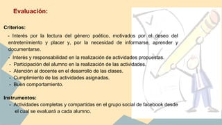 Evaluación:
Criterios:
- Interés por la lectura del género poético, motivados por el deseo del
entretenimiento y placer y, por la necesidad de informarse, aprender y
documentarse.
- Interés y responsabilidad en la realización de actividades propuestas.
- Participación del alumno en la realización de las actividades.
- Atención al docente en el desarrollo de las clases.
- Cumplimiento de las actividades asignadas.
- Buen comportamiento.
Instrumentos:
- Actividades completas y compartidas en el grupo social de facebook desde
el cual se evaluará a cada alumno.
 