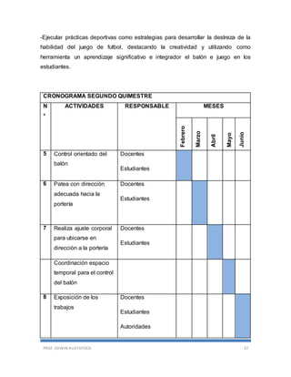 PROF. EDWIN HUATATOCA 37
-Ejecutar prácticas deportivas como estrategias para desarrollar la destreza de la
habilidad del juego de futbol, destacando la creatividad y utilizando como
herramienta un aprendizaje significativo e integrador el balón e juego en los
estudiantes.
CRONOGRAMA SEGUNDO QUIMESTRE
N
°
ACTIVIDADES RESPONSABLE MESES
Febrero
Marzo
Abril
Mayo
Junio
5 Control orientado del
balón
Docentes
Estudiantes
6 Patea con dirección
adecuada hacia la
portería
Docentes
Estudiantes
7 Realiza ajuste corporal
para ubicarse en
dirección a la portería
Docentes
Estudiantes
Coordinación espacio
temporal para el control
del balón
8 Exposición de los
trabajos
Docentes
Estudiantes
Autoridades
 
