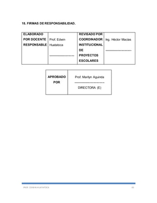 PROF. EDWIN HUATATOCA 43
18. FIRMAS DE RESPONSABILIDAD.
ELABORADO
POR DOCENTE
RESPONSABLE
Prof. Edwin
Huatatoca
-------------------------
REVISADO POR
COORDINADOR
INSTITUCIONAL
DE
PROYECTOS
ESCOLARES
Ing. Héctor Macías
--------------------------
APROBADO
POR
Prof. Marilyn Aguinda
------------------------------
DIRECTORA (E)
 