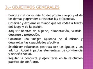 •
•
•
•
•

•

Descubrir el conocimiento del propio cuerpo y el de
los demás y aprender a respetar las diferencias.
Observar y explorar el mundo que les rodea a través
del juego y de la acción.
Adquirir hábitos de higiene, alimentación, vestido,
descanso y protección.
Construir una imagen ajustada de sí mismo y
desarrollar las capacidades afectivas.
Establecer relaciones positivas con los iguales y los
adultos. Adquirir pautas elementales de convivencia
y relación social.
Regular la conducta y ejercitarse en la resolución
pacífica de conflictos.

 