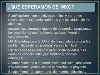 ¿QUÉ ESPERAMOS DE MXC?
• Planificaciones con objetivos por ciclo y por grado
reconociendo las particularidades y necesidades de los
alumnos
• durante sus diferentes etapas de desarrollo, propiciando
las condiciones que faciliten el acceso integral al
conocimiento.
• MATE (pertenece a la P.O.F. de la escuela y conoce las
problemáticas de los alumnos y a sus familias)
• Capacitaciones en servicio para fortalecer diferentes
áreas de conocimiento (matemática y ciencias
naturales).
• Acompañamiento a la coordinación del ciclo , monitoreo
y evaluaciones periódicas de la marcha del proyecto.
• Equipamiento (de laboratorio, de material didáctico y
 