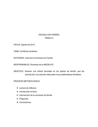 ESCUELA DE PADRES
TEMA # 3
FECHA: Agosto de 2010
TEMA: Conflictos familiares
ACTIVIDAD: visita de la Comisaría de Familia
RESPONSABLES: Docentes de la INEDELPO
OBJETIVO: Generar una actitud favorable en los padres de familia, que les
permita dar una solución adecuada a las problemáticas familiares.
PROCESO METODOLÓGICO:
 Lectura de reflexiva
 Introducción al tema
 Intervención de la comisaria de familia
 Preguntas
 Conclusiones
 
