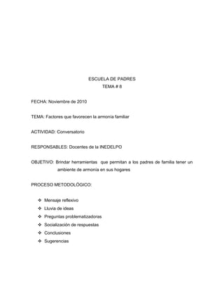 ESCUELA DE PADRES
TEMA # 8
FECHA: Noviembre de 2010
TEMA: Factores que favorecen la armonía familiar
ACTIVIDAD: Conversatorio
RESPONSABLES: Docentes de la INEDELPO
OBJETIVO: Brindar herramientas que permitan a los padres de familia tener un
ambiente de armonía en sus hogares
PROCESO METODOLÓGICO:
 Mensaje reflexivo
 Lluvia de ideas
 Preguntas problematizadoras
 Socialización de respuestas
 Conclusiones
 Sugerencias
 