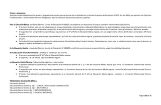Página50 de 71
Planes y programas:
Nuestraescuelatrabajaraconlos planesyprogramasde estudio que se derivan de lo señalado en el Decreto Supremo de Educación Nº 257, del año 2009, que aprueba los Objetivos
Fundamentales y Contendidos Mínimos Obligatorios para la educación de personas jóvenes y adultas.
Para la Educación Básica, mediante Decreto Exento de Educación Nº 584/07, se establece una estructura única que considera tres niveles educacionales.
 El primero de ellos, solo con los subsectores de Lengua Castellana y Comunicación y Educación Matemática, con aprendizajes equivalentes a los correspondientes a los
subsectores que deben alcanzarse entre el 1º y 4º año de Educación Básica regular y una carga horaria mínima de 10 horas de clases a la semana y 360 horas anuales.
 El segundo nivel comprende los aprendizajes equivalentes al 5º y 6º año de Educación Básica regular, con una carga horaria mínima de 16 clases semanales y 576 horas
anuales.
 El tercernivel abordalosaprendizajesequivalentesa7° y 8° año de laEducaciónBásica regular,y tambiénconsidera 16 horas de clases a la semana y un total de 576 horas
anuales.
 En losdos últimosnivelesse incorporanlossubsectoresde CienciasNaturalesyEstudios Sociales. Optativamente, tanto para el establecimiento como para el alumno, se
agrega el ámbito de Formación en Oficios.
En la Educación Media, a través del Decreto Exento de Educación Nº 1000/09, se definió una estructura temporal distinta, según la modalidad educativa.
En la Educación Media Humanístico-Científica se establecen dos niveles:
 El primero, equivalente al 1° y 2° año de Educación Media regular,
 El segundo, a 3° y 4° año de Educación Media regular.
La Educación Media Técnico-Profesional se organiza en tres niveles:
 El primero aborda los aprendizajes equivalentes a la Formación General de 1° y 2° año de Educación Media regular y da inicio a la Formación Diferenciada Técnico-
Profesional;
 El segundo nivel incluye los aprendizajes equivalentes a la Formación General de 3er año de Educación Media regular y continúa la Formación Diferenciada Técnico-
Profesional, y
 El tercer nivel aborda los aprendizajes equivalentes a la Formación General de 4° año de Educación Media regular y completa la Formación Diferenciada Técnico-
Profesional.
PROGRAMAS EDUCACIÓN BÁSICA
Formación General:
Educación Básica Niveles 1, 2 y 3 – LENGUA CASTELLANA Y COMUNICACIÓN
Educación Básica Niveles 1, 2 y 3 – MATEMÁTICA
Educación Básica Niveles 2 y 3 – ESTUDIOS SOCIALES
Educación Básica Niveles 2 y 3 – CIENCIAS NATURALES
 