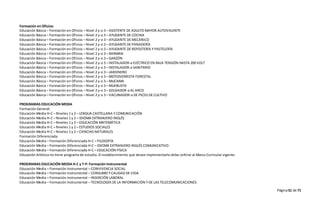 Página51 de 71
Formación en Oficios:
Educación Básica – Formación en Oficios – Nivel 2 y-o 3 – ASISTENTE DE ADULTO MAYOR AUTOVALENTE
Educación Básica – Formación en Oficios – Nivel 2 y-o 3 – AYUDANTE DE COCINA
Educación Básica – Formación en Oficios – Nivel 2 y-o 3 – AYUDANTE DE MECÁNICO
Educación Básica – Formación en Oficios – Nivel 2 y-o 3 – AYUDANTE DE PANADERÍA
Educación Básica – Formación en Oficios – Nivel 2 y-o 3 – AYUDANTE DE REPOSTERÍA Y PASTELERÍA
Educación Básica – Formación en Oficios – Nivel 2 y-o 3 – BARMAN
Educación Básica – Formación en Oficios – Nivel 2 y-o 3 – GARZÓN
Educación Básica – Formación en Oficios – Nivel 2 y-o 3 – INSTALADOR-a ELÉCTRICO EN BAJA TENSIÓN HASTA 200 VOLT
Educación Básica – Formación en Oficios – Nivel 2 y-o 3 – INSTALADOR-a SANITARIO
Educación Básica – Formación en Oficios – Nivel 2 y-o 3 – JARDINERO
Educación Básica – Formación en Oficios – Nivel 2 y-o 3 – MOTOSIERRISTA FORESTAL
Educación Básica – Formación en Oficios – Nivel 2 y-o 3 – MUCAMA
Educación Básica – Formación en Oficios – Nivel 2 y-o 3 – MUEBLISTA
Educación Básica – Formación en Oficios – Nivel 2 y-o 3 – SOLDADOR-a AL ARCO
Educación Básica – Formación en Oficios – Nivel 2 y-o 3 – VACUNADOR-a DE PECES DE CULTIVO
PROGRAMAS EDUCACIÓN MEDIA
Formación General:
Educación Media H-C – Niveles 1 y 2 – LENGUA CASTELLANA Y COMUNICACIÓN
Educación Media H-C – Niveles 1 y 2 – IDIOMA EXTRANJERO INGLÉS
Educación Media H-C – Niveles 1 y 2 – EDUCACIÓN MATEMÁTICA
Educación Media H-C – Niveles 1 y 2 – ESTUDIOS SOCIALES
Educación Media H-C – Niveles 1 y 2 – CIENCIAS NATURALES
Formación Diferenciada:
Educación Media – Formación Diferenciada H-C – FILOSOFÍA
Educación Media – Formación Diferenciada H-C – IDIOMA EXTRANJERO INGLÉS COMUNICATIVO
Educación Media – Formación Diferenciada H-C – EDUCACIÓN FÍSICA
Educación Artística no tiene programa de estudio. El establecimiento que desee implementarlo debe ceñirse al Marco Curricular vigente.
PROGRAMAS EDUCACIÓN MEDIA H-C y T-P: Formación Instrumental
Educación Media – Formación Instrumental – CONVIVENCIA SOCIAL
Educación Media – Formación Instrumental – CONSUMO Y CALIDAD DE VIDA
Educación Media – Formación Instrumental – INSERCIÓN LABORAL
Educación Media – Formación Instrumental – TECNOLOGÍA DE LA INFORMACIÓN Y DE LAS TELECOMUNICACIONES
 