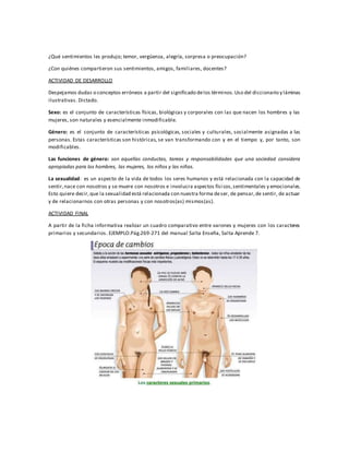 ¿Qué sentimientos les produjo; temor, vergüenza, alegría, sorpresa o preocupación?
¿Con quiénes compartieron sus sentimientos, amigos, familiares, docentes?
ACTIVIDAD DE DESARROLLO
Despejamos dudas o conceptos erróneos a partir del significado delos términos.Uso del diccionario y láminas
ilustrativas. Dictado.
Sexo: es el conjunto de características físicas, biológicas y corporales con las que nacen los hombres y las
mujeres, son naturales y esencialmente inmodificable.
Género: es el conjunto de características psicológicas, sociales y culturales, socialmente asignadas a las
personas. Estas características son históricas, se van transformando con y en el tiempo y, por tanto, son
modificables.
Las funciones de género: son aquellas conductas, tareas y responsabilidades que una sociedad considera
apropiadas para los hombres, las mujeres, los niños y las niñas.
La sexualidad: es un aspecto de la vida de todos los seres humanos y está relacionada con la capacidad de
sentir,nace con nosotros y se muere con nosotros e involucra aspectos físi cos,sentimentales y emocionales.
Esto quiere decir,que la sexualidad está relacionada con nuestra forma deser, de pensar,de sentir, de actuar
y de relacionarnos con otras personas y con nosotros(as) mismos(as).
ACTIVIDAD FINAL
A partir de la ficha informativa realizar un cuadro comparativo entre varones y mujeres con los caracteres
primarios y secundarios. EJEMPLO.Pág.269-271 del manual Salta Enseña, Salta Aprende 7.
 