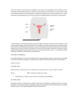 senos. Las hormonas sexuales como el estrógeno en las mujeres y la testosterona en los hombres, son las
encargadas dedesencadenar todos los cambios queaparecen durantela pubertad,y la primera menstruación
es considerada la etapa final dela pubertad. Y aunqueestrictamente ya eres capazde reproducirte,tu cuerpo
continuará creciendo algunos años más para alcanzar el completo potencial que tiene una mujer adulta.
´´El flujo vaginal son secreciones provenientes de la vagina. De hecho, es posible entre 6 meses a un año
antes de que te empiece el periodo menstrual.Esto se debe a los cambios hormonales.En el cuello del útero
se encuentran unas glándulasqueproducen un moco transparente que se puede volver blanco o amarillento
cuando sale del cuerpo al entrar en contacto con el aire. Este flujo ayuda a mantener lubricada y limpia tu
vagina.El flujo vaginal normal no huele a nada y es una parte natural de ser mujer´´. Para ampliar y reforzar
conceptos se difunde un video sobre el ciclo menstrual.
ACTIVIDAD DE DESARROLLO
Con ayuda del docente, se solicita la confección deun mapa conceptual sobre el ciclo menstrual ,realizando
una lectura comprensiva del texto ´´La menstruación´´Pág.270 del manual Salta Enseña, Salta Aprende 7.
Puesta en común
ACTIVIDAD FINAL
Elaboración de un afiche sobre el ciclo de ovulación y menstruación en la mujer. Puesta en común.
FECHA: TEMA: Pubertad y cambios en el varón
 Comprender los cambios corporales que se manifiestan en la pubertad.
ACTIVIDAD INICIAL
El docente proyecta un video sobre los cambios corporales en la pubertad. Se reflexiona sobrelos conceptos
abordados y secorrigeel vocabulario empleado. Luego solicitauna explicación dela pubertad con sus propias
palabras a partir de la siguiente pregunta ¿Qué me está pasando?
 