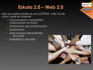 Más que aplicaciones es una ACTITUD  web 2.0 de cómo  estar en Internet: Conocimiento compartido,  colaboración en línea Tratamiento de la información Creatividad Aplicaciones herramientas  en la red Usabilidad y recursos http://www.asiavisionoursound.com/es/contribute-asiavisionoursound /   