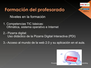Niveles en la formación 1. Competencias TIC básicas:  Ofimática, sistema operativo e Internet 2.- Pizarra digital:  Uso didáctico de la Pizarra Digital Interactiva (PDI)   3.- Acceso al mundo de la web 2.0 y su aplicación en el aula.   Procedencia de http://www.flacso.edu.mx/planeta/blog 