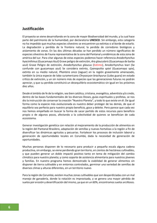 Justificación
El proyecto se viene desarrollando en la zona de mayor Biodiversidad del mundo, y la cual hace
parte del patrimonio de la humanidad, por declaratoria UNESCO. Sin embargo, esta categoría
no ha impedido que muchas especies silvestres se encuentren ya extintas o al borde de estarlo.
La degradación y perdida de la frontera natural, la perdida de corredores biológicos y
aislamiento de zonas. En las dos últimas décadas se han perdido un número significativo de
especies silvestres de Fauna representativa de la zona del Pantanal y endémicas de esta zona de
américa del sur. Para citar algunas de estas especies podemos hacer referencia Anodorhynchus
hyacinthinus (Guacamayo Azul) Grave peligro de extinción, Ara glaucularis (Guacamaya de barba
azul) Grave Peligro de extinción, Anodorhynchus glaucus (Extinto), Anodorhynchus leari (Se
confunde con guacamayo azul) Se considera extinto, Cyanopsitta spixii (Guacamayo spix),
extinto en su medio natural, Phantera onca (Jaguar) en la región gravemente amenazado,
también la única especie de lobo suramericano Chrysocyon brachyurus (Lobo guara) en estado
crítico de extinción, y un sin número más de especies que las generaciones futuras no podrán
apreciar, y que su perdida constituirá un desequilibrio ecosistemático sin igual en los próximos
diez años.
Desde el ámbito de fe de la religión, sea bien católica, cristiana, evangélica, adventista y/o credo,
dentro de las bases fundamentales de los diversos Dioses, guías espirituales y profetas, se nos
dio la instrucción de conservar la creación “Nuestro Planeta”, y todo lo que existe en él. De igual
forma como la especie más evolucionada es nuestro deber proteger de las demás, de que el
equilibrio sea perfecto para nuestro propio beneficio, goce y deleite. Pero parece que cada vez
nos hemos empeñado en buscar la forma de sacar partido de estos recursos para beneficio
propio o de algunos pocos, afectando a la colectividad de quienes se benefician de cada
ecosistema.
Generar investigación genética con relación al mejoramiento de la producción de alimentos en
la región del Pantanal Brasilero, adaptación de semillas y nuevas hortalizas a la región a fin de
diversificar las dinámicas agrícolas y pecuarias. Fortalecer los procesos de inclusión laboral y
generación de oportunidades locales en Corumbá, dada la necesidad de generación de
oportunidades.
Muchas personas disponen de lo necesario para producir a pequeña escala alguna cadena
productiva, sin embargo, se viene perdiendo gran territorio, en cientos de hectáreas cultivables,
y que pueden generar un doble impactó positivo tanto en tema de mitigación del cambio
climático para nuestro planeta; y como soporte de asistencia alimentaria para nuestros jóvenes
y familias. En nuestro programa hemos demostrado la viabilidad de generar alimentos sin
disponer de tierra cultivable y en entornos controlados, germinar una variedad de semillas de
diversos climas y alturas diferentes, en un territorio nuevo.
Para la región de Corumbá, existen muchas zonas cultivables que son desperdiciadas con un mal
manejo de ganadería, donde la rotación es improvisada, y se genera una mayor pérdida de
suelos por erosión y desertificación del mismo, ya que en un 60%, encontramos suelos arcillosos.
6
 