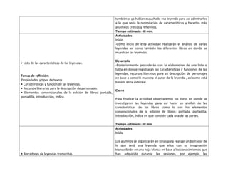 también si ya habían escuchado esa leyenda para así adentrarlos 
a lo que sería la recopilación de características y hacerlos más 
analíticos críticos y reflexivos. 
Tiempo estimado: 60 min. 
• Lista de las características de las leyendas. 
Temas de reflexión: 
Propiedades y tipos de textos 
• Características y función de las leyendas. 
• Recursos literarios para la descripción de personajes. 
• Elementos convencionales de la edición de libros: portada, 
portadilla, introducción, índice. 
Actividades 
Inicio 
-Como inicio de esta actividad realizarán el análisis de varias 
leyendas así como también los diferentes libros en donde se 
muestran las leyendas. 
Desarrollo 
-Posteriormente procederán con la elaboración de una lista o 
tabla en donde registraran las características y funciones de las 
leyendas, recursos literarios para su descripción de personajes 
en base a como lo muestra el autor de la leyenda , así como está 
basada en la vida real. 
Cierre 
Para finalizar la actividad observaremos los libros en donde se 
investigaron las leyendas para así hacer un análisis de las 
características de los libros como lo son los elementos 
convencionales de la edición de libros: portada, portadilla, 
introducción, índice en que consiste cada una de las partes. 
Tiempo estimado: 60 min. 
• Borradores de leyendas transcritas. 
Actividades 
Inicio 
Los alumnos se organizarán en binas para realizar un borrador de 
lo que será una leyenda que ellos con su imaginación 
transcribirán en una hoja blanca en base a los conocimientos que 
han adquirido durante las sesiones, por ejemplo las 
 