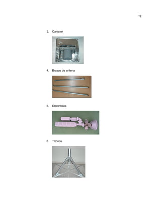 3. Canister
4. Brazos de antena
5. Electrónica
6. Trípode
12
 