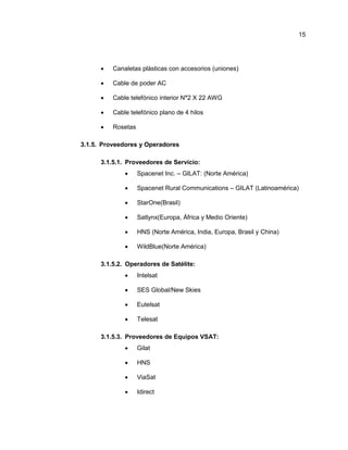  Canaletas plásticas con accesorios (uniones)
 Cable de poder AC
 Cable telefónico interior N°2 X 22 AWG
 Cable telefónico plano de 4 hilos
 Rosetas
3.1.5. Proveedores y Operadores
3.1.5.1. Proveedores de Servicio:
 Spacenet Inc. – GILAT: (Norte América)
 Spacenet Rural Communications – GILAT (Latinoamérica)
 StarOne(Brasil)
 Satlynx(Europa, África y Medio Oriente)
 HNS (Norte América, India, Europa, Brasil y China)
 WildBlue(Norte América)
3.1.5.2. Operadores de Satélite:
 Intelsat
 SES Global/New Skies
 Eutelsat
 Telesat
3.1.5.3. Proveedores de Equipos VSAT:
 Gilat
 HNS
 ViaSat
 Idirect
15
 