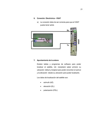 6. Conexión: Electrónica - VSAT
a) La conexión debe de ser correcta para que el VSAT
pueda tener señal.
7. Apuntamiento de la antena
Existen tablas y programas de software para poder
localizar el satélite, Ud. necesitará saber primero su
ubicación: latitud y longitud para poder encontrar el azimut
y la elevación desde su ubicación para poder localizarlo.
Los datos de localización del satélite son:
 azimuth (AZ)
 elevación (EL)
 polarización (POL)
21
 