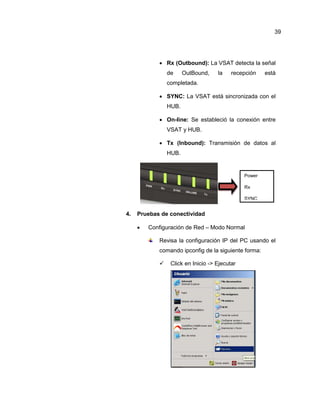  Rx (Outbound): La VSAT detecta la señal
de OutBound, la recepción está
completada.
 SYNC: La VSAT está sincronizada con el
HUB.
 On-line: Se estableció la conexión entre
VSAT y HUB.
 Tx (Inbound): Transmisión de datos al
HUB.
4. Pruebas de conectividad
 Configuración de Red – Modo Normal
Revisa la configuración IP del PC usando el
comando ipconfig de la siguiente forma:
 Click en Inicio -> Ejecutar
Power
Rx
SYNC
ON-LINE
Tx
39
 