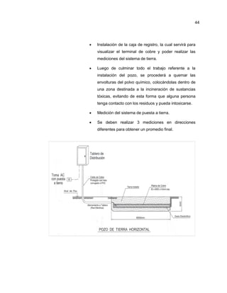  Instalación de la caja de registro, la cual servirá para
visualizar el terminal de cobre y poder realizar las
mediciones del sistema de tierra.
 Luego de culminar todo el trabajo referente a la
instalación del pozo, se procederá a quemar las
envolturas del polvo químico, colocándolas dentro de
una zona destinada a la incineración de sustancias
tóxicas, evitando de esta forma que alguna persona
tenga contacto con los residuos y pueda intoxicarse.
 Medición del sistema de puesta a tierra.
 Se deben realizar 3 mediciones en direcciones
diferentes para obtener un promedio final.
44
 