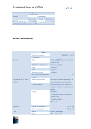 Estadística-Inferencial (UPEC)                                                           2012

                           Coeficientes
Modelo                                   Correlaciones
                           Orden cero      Parcial       Semiparcial
1          mas de 100            -.120        -.120             -.120
a. Variable dependiente: menos de 100




Estimación curvilínea




                                                Notas
                              Resultados creados                                  12-jul-2012 04:06:06
                              Comentarios
Entrada                       Datos                            C:UsersUSERDocumentsestadistic
                                                               a ojos aja.sav
                              Conjunto de datos activo         Conjunto_de_datos1
                              Filtro                           <ninguno>
                              Peso                             <ninguno>
                              Segmentar archivo                <ninguno>
                              Núm. de filas del archivo de                                           67
                              trabajo
Tratamiento de los datos      Definición de perdidos           Los valores perdidos definidos por el
perdidos                                                       usuario se tratarán como perdidos.
                              Casos utilizados                 Los casos con un valor perdido en
                                                               cualquier variable no se utilizan en el
                                                               análisis.
                              Sintaxis                         CURVEFIT
                                                                /VARIABLES=export WITH import
                                                                /CONSTANT
                                                                /MODEL=LINEAR
                                                               /PLOT FIT.


Recursos                      Tiempo de procesador                                         0:00:00.936
                              Tiempo transcurrido                                          0:00:01.074
Usar                          Desde                            Primera observación
                              Hasta                            Última observación
 