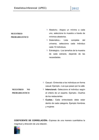 Estadística-Inferencial (UPEC)                                   2012




                                      Aleatorio.- Asigna un mínimo a cada
MUESTREO                                  uno, selecciona la muestra a través de
PROBABILISTICO                            mínimos aleatorios.
                                      Sistemático.-       Lista   completa    del
                                          universo,   selecciona   cada   individuo
                                          cada 10 individuos.
                                      Estrategico.- Los tamaños de la muestra
                                          de cada estracto, depende de las
                                          necesidades.




                                  Casual.- Entrevista a los individuos en forma
                                     casual. Ejemplo.- Los que pasan por la calle
MUESTREO        NO                Intencional.- Selecciona al individuo según
PROBABILISTICO                       el criterio de un experto. Ejemplo.- Dueños
                                     de los restaurantes
                                  Cuotas.- Cada entrevistado debe estar
                                     dentro de cada categoria. Ejemplo Hombres
                                     y mujeres




  COEFICIENTE DE CORRELACIÓN.- Expresa de una manera cuantitativa la
  magnitud y dirección de una relación.
 