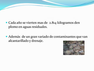 Cada año se vierten mas de  2.814 kilogramos den plomo en aguas residuales.Además  de un gran variado de contaminantes que van alcantarillado y drenaje.