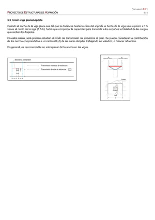 DOCUMENTO EEEEEEEE1111
PPPPROYECTO DEROYECTO DEROYECTO DEROYECTO DE EEEESTRUCTURASSTRUCTURASSTRUCTURASSTRUCTURAS DEDEDEDE HHHHORMIGÓNORMIGÓNORMIGÓNORMIGÓN 5 / 5
5.5 Unión viga plana/soporte
Cuando el ancho de la viga plana sea tal que la distancia desde la cara del soporte al borde de la viga sea superior a 1,5
veces el canto de la viga (1.5 h), habrá que comprobar la capacidad para transmitir a los soportes la totalidad de las cargas
que reciben los forjados.
En estos casos, será preciso estudiar el modo de transmisión de esfuerzos al pilar. Se puede considerar la contribución
de los cercos comprendidos a un canto útil (d) de las caras del pilar trabajando en voladizo, o colocar refuerzos.
En general, es recomendable no sobrepasar dicho ancho en las vigas.
 