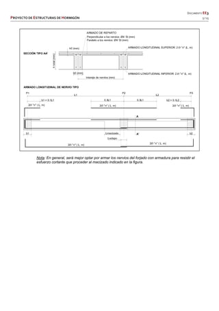   DOCUMENTO EE3 
PROYECTO DE ESTRUCTURAS DE HORMIGÓN   5 / 15 
 
 
 
 
 
Nota: En general, será mejor optar por armar los nervios del forjado con armadura para resistir el
esfuerzo cortante que proceder al macizado indicado en la figura.
 