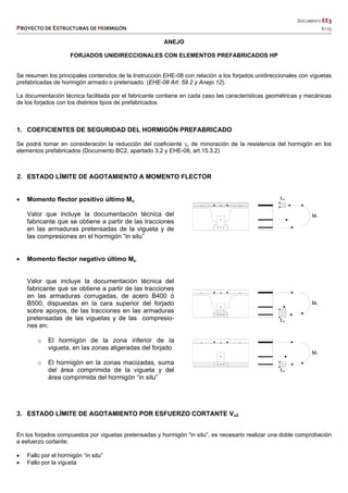   DOCUMENTO EE3 
PROYECTO DE ESTRUCTURAS DE HORMIGÓN   6 / 15 
 
 
 
 
 
ANEJO
FORJADOS UNIDIRECCIONALES CON ELEMENTOS PREFABRICADOS HP
Se resumen los principales contenidos de la Instrucción EHE-08 con relación a los forjados unidireccionales con viguetas
prefabricadas de hormigón armado o pretensado. (EHE-08 Art. 59.2 y Anejo 12).
La documentación técnica facilitada por el fabricante contiene en cada caso las características geométricas y mecánicas
de los forjados con los distintos tipos de prefabricados.
1. COEFICIENTES DE SEGURIDAD DEL HORMIGÓN PREFABRICADO
Se podrá tomar en consideración la reducción del coeficiente c de minoración de la resistencia del hormigón en los
elementos prefabricados (Documento BC2, apartado 3.2 y EHE-08, art.15.3.2)
2. ESTADO LÍMITE DE AGOTAMIENTO A MOMENTO FLECTOR
 Momento flector positivo último Mu
Valor que incluye la documentación técnica del
fabricante que se obtiene a partir de las tracciones
en las armaduras pretensadas de la vigueta y de
las compresiones en el hormigón “in situ”
 Momento flector negativo último Mu
Valor que incluye la documentación técnica del
fabricante que se obtiene a partir de las tracciones
en las armaduras corrugadas, de acero B400 ó
B500, dispuestas en la cara superior del forjado
sobre apoyos, de las tracciones en las armaduras
pretensadas de las viguetas y de las compresio-
nes en:
o El hormigón de la zona inferior de la
vigueta, en las zonas aligeradas del forjado
o El hormigón en la zonas macizadas, suma
del área comprimida de la vigueta y del
área comprimida del hormigón “in situ”
3. ESTADO LÍMITE DE AGOTAMIENTO POR ESFUERZO CORTANTE Vu2
En los forjados compuestos por viguetas pretensadas y hormigón “in situ”, es necesario realizar una doble comprobación
a esfuerzo cortante:
 Fallo por el hormigón “in situ”
 Fallo por la vigueta
Mu
fcd
Mu
fcd
Mu
fcd
 