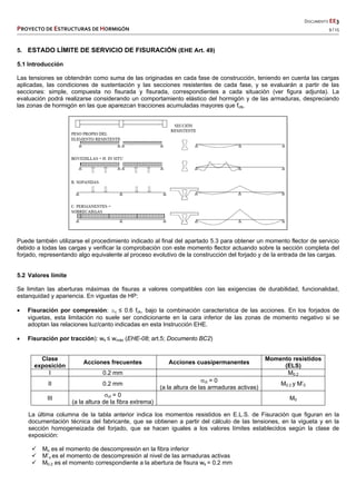   DOCUMENTO EE3 
PROYECTO DE ESTRUCTURAS DE HORMIGÓN   9 / 15 
 
 
 
 
 
5. ESTADO LÍMITE DE SERVICIO DE FISURACIÓN (EHE Art. 49)
5.1 Introducción
Las tensiones se obtendrán como suma de las originadas en cada fase de construcción, teniendo en cuenta las cargas
aplicadas, las condiciones de sustentación y las secciones resistentes de cada fase, y se evaluarán a partir de las
secciones: simple, compuesta no fisurada y fisurada, correspondientes a cada situación (ver figura adjunta). La
evaluación podrá realizarse considerando un comportamiento elástico del hormigón y de las armaduras, despreciando
las zonas de hormigón en las que aparezcan tracciones acumuladas mayores que fctk.
Puede también utilizarse el procedimiento indicado al final del apartado 5.3 para obtener un momento flector de servicio
debido a todas las cargas y verificar la comprobación con este momento flector actuando sobre la sección completa del
forjado, representando algo equivalente al proceso evolutivo de la construcción del forjado y de la entrada de las cargas.
5.2 Valores límite
Se limitan las aberturas máximas de fisuras a valores compatibles con las exigencias de durabilidad, funcionalidad,
estanquidad y apariencia. En viguetas de HP:
 Fisuración por compresión: sc ≤ 0.6 fck, bajo la combinación característica de las acciones. En los forjados de
viguetas, esta limitación no suele ser condicionante en la cara inferior de las zonas de momento negativo si se
adoptan las relaciones luz/canto indicadas en esta Instrucción EHE.
 Fisuración por tracción): wk ≤ wmáx (EHE-08; art.5; Documento BC2)
Clase
exposición
Acciones frecuentes Acciones cuasipermanentes
Momento resistidos
(ELS)
I 0.2 mm M0.2
II 0.2 mm
ct = 0
(a la altura de las armaduras activas)
M0.2 y M’0
III
ct = 0
(a la altura de la fibra extrema)
 M0
La última columna de la tabla anterior indica los momentos resistidos en E.L.S. de Fisuración que figuran en la
documentación técnica del fabricante, que se obtienen a partir del cálculo de las tensiones, en la vigueta y en la
sección homogeneizada del forjado, que se hacen iguales a los valores límites establecidos según la clase de
exposición:
 Mo es el momento de descompresión en la fibra inferior
 M’o es el momento de descompresión al nivel de las armaduras activas
 M0.2 es el momento correspondiente a la abertura de fisura wk = 0.2 mm
 