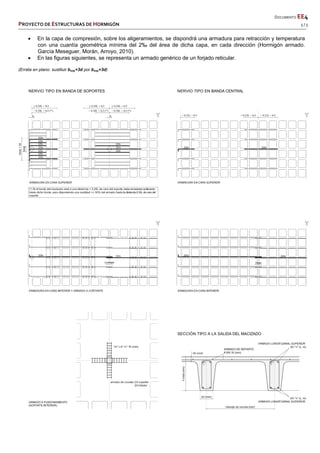       DOCUMENTO EE4 
PROYECTO DE ESTRUCTURAS DE HORMIGÓN   5 / 5 
 
 
 
 
 
 
 
 En la capa de compresión, sobre los aligeramientos, se dispondrá una armadura para retracción y temperatura
con una cuantía geométrica mínima del 2‰ del área de dicha capa, en cada dirección (Hormigón armado.
García Meseguer, Morán, Arroyo, 2010).
 En las figuras siguientes, se representa un armado genérico de un forjado reticular.
(Errata en plano: sustituir bsop+3d por bsop+3d)
 