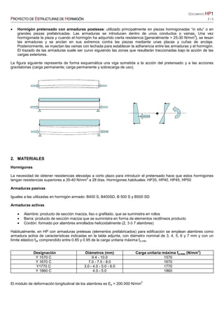 DOCUMENTO HPHPHPHP1111
PPPPROYECTO DEROYECTO DEROYECTO DEROYECTO DE EEEESTRUCTURASSTRUCTURASSTRUCTURASSTRUCTURAS DEDEDEDE HHHHORMIGÓNORMIGÓNORMIGÓNORMIGÓN 2 / 5
• Hormigón pretensado con armaduras postesas: utilizado principalmente en piezas hormigonadas “in situ” o en
grandes piezas prefabricadas. Las armaduras se introducen dentro de unos conductos o vainas. Una vez
hormigonada la pieza y cuando el hormigón ha adquirido cierta resistencia [generalmente > 25-30 N/mm
2
], se tesan
las armaduras y se anclan en sus extremos contra las piezas mediante unas placas y cuñas de anclaje.
Posteriormente, se inyectan las vainas con lechada para establecer la adherencia entre las armaduras y el hormigón.
El trazado de las armaduras suele ser curvo siguiendo las zonas que resultarán traccionadas bajo la acción de las
cargas exteriores.
La figura siguiente representa de forma esquemática una viga sometida a la acción del pretensado y a las acciones
gravitatorias (carga permanente; carga permanente y sobrecarga de uso).
2. MATERIALES
Hormigones
La necesidad de obtener resistencias elevadas a corto plazo para introducir el pretensado hace que estos hormigones
tengan resistencias superiores a 35-40 N/mm
2
a 28 días. Hormigones habituales: HP35, HP40, HP45, HP50
Armaduras pasivas
Iguales a las utilizadas en hormigón armado: B400 S, B400SD, B 500 S y B500 SD
Armaduras activas
• Alambre: producto de sección maciza, liso o grafilado, que se suministra en rollos
• Barra: producto de sección maciza que se suministra en forma de elementos rectilíneos producto
• Cordón: formado por alambres enrollados helicoidalmente (2, 3 ó 7 alambres)
Habitualmente, en HP con armaduras pretesas (elementos prefabricados) para edificación se emplean alambres como
armadura activa de características indicadas en la tabla adjunta, con diámetro nominal de 3, 4, 5, 6 y 7 mm y con un
límite elástico fpk comprendido entre 0.85 y 0.95 de la carga unitaria máxima fp,máx
Designación Diámetros (mm) Carga unitaria máxima fp,max (N/mm
2
)
Y 1570 C 9.4 - 10.0 1570
Y 1670 C 7.0 - 7.5 - 8.0 1670
Y1770 C 3.0 - 4.0 - 5.0 - 6.0 1770
Y 1860 C 4.0 - 5.0 1860
El módulo de deformación longitudinal de los alambres es Ep = 200.000 N/mm
2
 