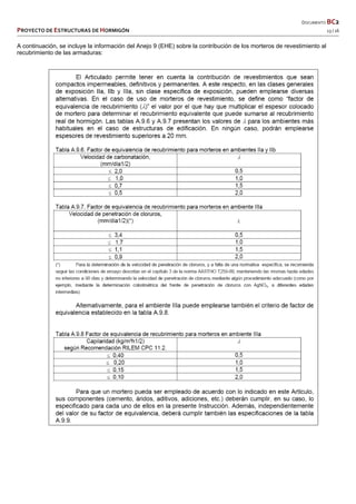   DOCUMENTO BC2 
PROYECTO DE ESTRUCTURAS DE HORMIGÓN   13 / 16 
 
A continuación, se incluye la información del Anejo 9 (EHE) sobre la contribución de los morteros de revestimiento al
recubrimiento de las armaduras:
 