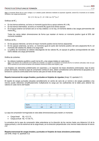 DOCUMENTO BC3
PPPPROYECTO DEROYECTO DEROYECTO DEROYECTO DE EEEESTRUCTURASSTRUCTURASSTRUCTURASSTRUCTURAS DEDEDEDE HHHHORMIGÓNORMIGÓNORMIGÓNORMIGÓN 5 / 12
Nota: el momento flector M3 en vano contiguo a un voladizo puede obtenerse mediante la expresión siguiente, siendo Mv el momento en el voladizo
sometido a las cargas permanentes:
M3 = [1.5 + Mv / (p3 l3
2
) – [2 + 4 Mv / (p3 l3
2
)] 0.5
] p3 l3
2
Gráficas de M
+
d:
• En los tramos extremos, se toma un momento igual al de su apoyo extremo M1 ó M3
• En los tramos intermedios, se toma un momento M2 igual al de ambos apoyos
• En el apoyo exterior se tomará cero si no hay voladizo o si lo hay, el momento debido a las cargas permanentes del
mismo Mvcp
Todos los vanos deben dimensionarse de forma que resistan al menos un momento positivo igual al 50% del
momento isostático
Gráficas de M
-
d:
• En los apoyos interiores, se toma el mayor momento positivo de los tramos adyacentes
• En los apoyos exteriores, se toma un momento igual al cuarto del momento positivo del vano adyacente M1/4 o el
momento del voladizo Mv debido a la carga total
• La gráfica de momentos se obtiene descolgando de los valores M
-
d en apoyos la gráfica correspondiente de cada
tramo debida a la carga permanente
Gráfica de cortantes:
• Se obtiene mediante equilibrio a partir de los M
-
d y las cargas totales en cada tramo
Nota: A los efectos de la obtención de la gráfica de cortantes, se sugiere no considerar el momento M1/4 en el extremo articulado, toda vez que
dicho momento es una forma de estimar una armadura mínima de cosido entre forjado y viga.
Los forjados con elementos prefabricados sin sopandas y, en especial, las losas alveolares pretensadas, bajo el peso
propio del forjado, incluida la capa de compresión vertida en obra, deben considerarse como elementos bi-apoyados y se
tomará en cuenta la continuidad entre tramos solo para el resto de las cargas
Reparto transversal de cargas lineales y puntuales en forjados de viguetas (Anejo 12, apartado 5.1)
El reparto de cargas puntuales (situadas sensiblemente en centro de vano de un nervio) o de cargas paralelas a los
nervios puede obtenerse simplificadamente multiplicando la carga por los coeficientes de la tabla para obtener los
valores en cada nervio del forjado
La capa de compresión hormigonada en obra debe dimensionarse para resistir un momento:
• Carga lineal: Md = 0.3 Pd
• Carga puntual: Md = 0.125 Pd
La armadura de la capa de compresión debe extenderse en la dirección de los nervios hasta una distancia L/4 de la
carga puntual y o de los extremos de la carga lineal y en la dirección perpendicular a los nervios hasta alcanzar el nervio
nº4.
Reparto transversal de cargas lineales y puntuales en forjados de losas alveolares pretensadas
(ver EHE, Anejo 12, apartado 5.2)
 