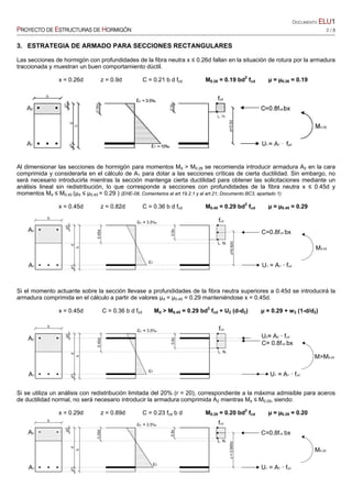 DOCUMENTO ELU1
PROYECTO DE ESTRUCTURAS DE HORMIGÓN 2 / 8
3. ESTRATEGIA DE ARMADO PARA SECCIONES RECTANGULARES
Las secciones de hormigón con profundidades de la fibra neutra x ≤ 0.26d fallan en la situación de rotura por la armadura
traccionada y muestran un buen comportamiento dúctil.
x = 0.26d z = 0.9d C = 0.21 b d fcd M0.26 = 0.19 bd2
fcd µ = µ0.26 = 0.19
Al dimensionar las secciones de hormigón para momentos Md > M0.26 se recomienda introducir armadura A2 en la cara
comprimida y considerarla en el cálculo de A1 para dotar a las secciones críticas de cierta ductilidad. Sin embargo, no
será necesario introducirla mientras la sección mantenga cierta ductilidad para obtener las solicitaciones mediante un
análisis lineal sin redistribución, lo que corresponde a secciones con profundidades de la fibra neutra x ≤ 0.45d y
momentos Md ≤ M0.45 (µd ≤ µ0.45 = 0.29 ) (EHE-08, Comentarios al art.19.2.1 y al art.21; Documento BC3, apartado 1)
x = 0.45d z = 0.82d C = 0.36 b d fcd M0.45 = 0.29 bd2
fcd µ = µ0.45 = 0.29
Si el momento actuante sobre la sección llevase a profundidades de la fibra neutra superiores a 0.45d se introducirá la
armadura comprimida en el cálculo a partir de valores µd = µ0.45 = 0.29 manteniéndose x = 0.45d.
x = 0.45d C = 0.36 b d fcd Md > M0.45 = 0.29 bd2
fcd + U2 (d-d2) µ = 0.29 + w2 (1-d/d2)
Si se utiliza un análisis con redistribución limitada del 20% (r = 20), correspondiente a la máxima admisible para aceros
de ductilidad normal, no será necesario introducir la armadura comprimida A2 mientras Md ≤ M0.29, siendo:
x = 0.29d z = 0.89d C = 0.23 fcd b d M0.29 = 0.20 bd2
fcd µ = µ0.29 = 0.20
 