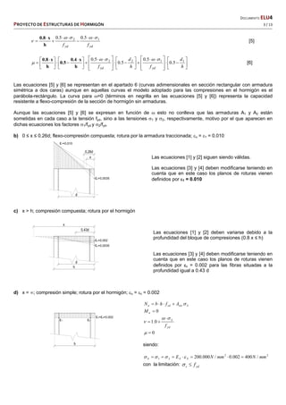   DOCUMENTO ELU4 
PROYECTO DE ESTRUCTURAS DE HORMIGÓN   3 / 13 
 
ydyd ff
12 5.05.0 







h
x0.8
[5]














 














 





 





 

h
d
fh
d
f ydyd
1122
5.0
5.0
5.0
5.0 

h
x0.4
0.5
h
x0.8
[6]
Las ecuaciones [5] y [6] se representan en el apartado 6 (curvas adimensionales en sección rectangular con armadura
simétrica a dos caras) aunque en aquellas curvas el modelo adoptado para las compresiones en el hormigón es el
parábola-rectángulo. La curva para =0 (términos en negrilla en las ecuaciones [5] y [6]) representa la capacidad
resistente a flexo-compresión de la sección de hormigón sin armaduras.
Aunque las ecuaciones [5] y [6] se expresan en función de  esto no conlleva que las armaduras A1 y A2 están
sometidas en cada caso a la tensión fyd, sino a las tensiones 1 y 2, respectivamente, motivo por el que aparecen en
dichas ecuaciones los factores 1/fyd y 2/fyd.
b) 0 ≤ x ≤ 0.26d; flexo-compresión compuesta; rotura por la armadura traccionada; u = 1 = 0.010
Las ecuaciones [1] y [2] siguen siendo válidas.
Las ecuaciones [3] y [4] deben modificarse teniendo en
cuenta que en este caso los planos de roturas vienen
definidos por 1 = 0.010
c) x > h; compresión compuesta; rotura por el hormigón
Las ecuaciones [1] y [2] deben variarse debido a la
profundidad del bloque de compresiones (0.8 x ≤ h)
Las ecuaciones [3] y [4] deben modificarse teniendo en
cuenta que en este caso los planos de roturas vienen
definidos por c = 0.002 para las fibras situadas a la
profundidad igual a 0.43 d
d) x = ; compresión simple; rotura por el hormigón; u = c = 0.002
Stotcdu AfhbN 
0uM
yd
S
f



 0.1
0
siendo:
22
21 /400002.0/000.200 mmNmmNE SSS  
con la limitación: yds f
 