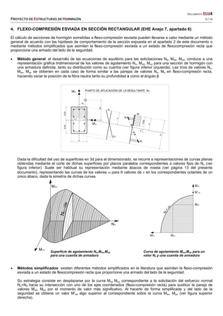   DOCUMENTO ELU4 
PROYECTO DE ESTRUCTURAS DE HORMIGÓN   5 / 13 
 
4. FLEXO-COMPRESIÓN ESVIADA EN SECCIÓN RECTANGULAR (EHE Anejo 7, apartado 6)
El cálculo de secciones de hormigón sometidas a flexo-compresión esviada pueden llevarse a cabo mediante un método
general de acuerdo con las hipótesis de comportamiento de la sección expuesta en el apartado 2 de este documento o
mediante métodos simplificados que asimilan la flexo-compresión esviada a un estado de flexocompresión recta que
proporcione una armado del lado de la seguridad.
 Método general: el desarrollo de las ecuaciones de equilibrio para las solicitaciones Nd, Mxd, Myd, conduce a una
representación gráfica tridimensional de los valores de agotamiento Nu, Mxu, Muy para una sección de hormigón con
una armadura definida, tanto su distribución como su cuantía (ver figura inferior izquierda). Las tríos de valores Nu,
Mxu, Myu se obtienen en cada caso de forma similar a las parejas de valores Nu, Mu en flexo-compresión recta,
haciendo variar la posición de la fibra neutra tanto su profundidad x como el ángulo 
Dada la dificultad del uso de superficies en 3d para el dimensionado, se recurre a representaciones de curvas planas
obtenidas mediante el corte de dichas superficies por planos paralelos correspondientes a valores fijos de Nu (ver
figura inferior). Suele ser habitual su representación mediante ábacos de roseta (ver página 13 del presente
documento), representando las curvas de los valores  para 8 valores de  en los correspondientes octantes de un
único ábaco, dada la simetría de dichas curvas.
Superficie de agotamiento Nu,Mxu,Muy Curva de agotamiento Mxu,Muy para un
para una cuantía de armadura valor Nu y una cuantía de armadura
 Métodos simplificados: existen diferentes métodos simplificados en la literatura que asimilan la flexo-compresión
esviada a un estado de flexocompresión recta que proporcione una armado del lado de la seguridad.
Su estrategia consiste en desplazarse por la curva Mux Muy correspondiente a la solicitación del esfuerzo normal
Nu=Nd hacia su intersección con uno de los ejes coordenados (flexo-compresión recta) para sustituir la pareja de
valores Mxd, Myd por el momento de valor más significativo. Al hacerlo de forma simplificada y del lado de la
seguridad se obtiene un valor M’xd algo superior al correspondiente sobre la curva Mxu, Myu (ver figura superior
derecha).
 