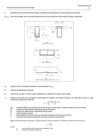 Documento ELS3
Proyecto de Estructuras de Hormigón 3 / 4 
 diámetro de la barra traccionada mayor (o diámetro equivalente en el caso del grupo de barras)
Ac,eficaz área de hormigón de la zona del recubrimiento de las armaduras traccionada (ver figura siguiente)
As sección de las armaduras situadas en el área eficaz Ac,eficaz
Es módulo de elasticidad del acero
k2 coeficiente de valor 1.0 para carga instantánea no repetida y 0.5 para otras cargas
s tensión de servicio de la armadura traccionada en hipótesis de sección fisurada. Su obtención se lleva a cabo
mediante el Anejo 8 de EHE-08.
σ
E
E
M d x
I
Mser momento flector que solicita a la sección bajo la combinación cuasipermanente de las acciones
Es módulo de deformación longitudinal de las armaduras
Ec módulo de deformación longitudinal del hormigón
d canto útil de la sección
x profundidad de la fibra neutra en la sección fisurada (ver Documento ELS1)
If momento de inercia de la sección fisurada (ver Documento ELS1)
Nota: de forma aproximada, esta tensión s puede obtenerse a partir del momento Mser estimando el valor del brazo mecánico z:
𝜎
𝑀
𝑧 𝐴
siendo:
z brazo mecánico de la sección (valor estimado: 0.8 d)
As área de la armadura traccionada
 