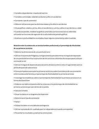 • Variablesdependientes:importe de laprima
• Variablescontroladas:edaddel conductoryañossinaccidentes
• Constante:tipode automóvil
• Obtenercotizacionesparalasdistintasedadesylosañossinaccidentes
• Situargráficos:edadvs.prima,años sinaccidentesvs.prima,yañossinaccidentesvs.edad
• Cuandoseaposible,modelarlosgráficosanterioresconfunciones(tal vezobtenidas
utilizandolasfuncionesde regresiónde lacalculadorade pantallagráfica)
• Analizarenprofundidadlosresultadosyhaceralgunoscomentariossobre lavalidez
Relaciónentre la estatura de un tenistahombre profesional yel porcentaje de efectividad
de susprimeros servicios
• Obtenerlasdimensionesde unacanchade tenis
• Utilizarel teoremade Pitágorasylatrigonometríapara determinarel ángulode depresión
de una pelotade tenistrasla ejecuciónde tresserviciosadistintasalturasque pasanjustopor
encimade la red
• Utilizarel ángulode depresiónparacalcularla distanciaentre laredy el lugardonde caerá la
pelotadespuésde cadaservicio
• Formularhipótesisacercade losprimerosserviciosysobre laexistenciade unacorrelación
entre laestaturadel tenistayel porcentaje de efectividadde losprimerosservicios
• Investigarlasestadísticassobre el porcentaje de efectividadde losprimerosserviciosenun
torneode Grand Slam
• Elaboraruna tablacomparativade las estaturasy losporcentajesde efectividadde los
primerosserviciosque caendentrode lacancha
• Calcularlamedia
• Situarlosdatosen undiagrama de dispersión
• Determinarel tipode correlación
• Hallarr
• Colocarlosdatos enuna tablade contingencia
• Utilizarlapruebade chi-cuadradopara la independencia(cuandocorresponda)
• Presentarlosresultados yanalizarlasconclusiones
 