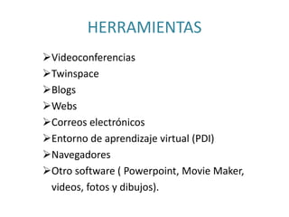 HERRAMIENTAS
Videoconferencias
Twinspace
Blogs
Webs
Correos electrónicos
Entorno de aprendizaje virtual (PDI)
Navegadores
Otro software ( Powerpoint, Movie Maker,
videos, fotos y dibujos).
 