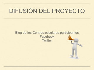 DIFUSIÓN DEL PROYECTO
Blog de los Centros escolares participantes
Facebook
Twitter
 