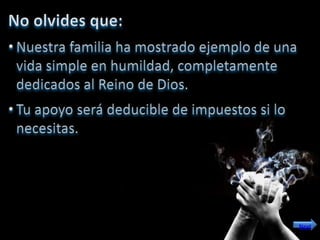 Conectar a los ministerios locales en Europa con los misioneros que son y serán llamados a ser parte de la visión de Eurouturn.Ser TestigosNuestro estilo de vida es el Evangelismo, por tanto, durante todas las etapas, pretendemos continuar con el trabajo de Evangelismo Personal, aprovechando cada oportunidad para testificar del amor de Dios a través del Señor Jesucristo.Free PrayersPor los últimos años hemos desarrollado una actividad llamada Free Prayers, donde salimos a las calles con letreros a ofrecer oración por quienes lo necesiten. Hemos estado en el centro de la ciudad de Los Ángeles, en Disneyland, y en diferentes centros comerciales. En cada ciudad de Europa donde estemos, deseamos hacer un Free Prayers, recordando a la gente que orar es gratis y que podemos venir delante de Dios con nuestras necesidades.