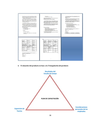 4. Evaluación del producto en base a la Triangulación del producto


                                       Resultados del
                                     Estudio de Campo




                                  PLAN DE CAPACITACIÓN



                                                                         Consideraciones
Exposición de                                                            personales de los
   Teorías                                                                  empleados

                                             38
 