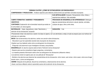 SEMANA CUATRO: ¿CÓMO SE EXTINGUIERON LOS DINOSAURIOS?
COMPRENSION Y PRODUCCION .- Analizar aspectos para elaborar producciones que permitan concretar el proyecto
EJE ARTICULADOR: Inclusión, Pensamiento crítico, Artes y
experiencias estéticas, Vida saludable.
CAMPO FORMATIVO: SABERES Y PENSAMIENTO
CIENTIFICO
CONTENIDO: Exploración de la diversidad natural que existe en
la comunidad y en otros lugares
PROCESOS DE DESARROLLO DE APRENDIZAJE: Distingue
algunas características del entorno natural: plantas, animales,
cuerpos de agua, clima, entre otras.
MATERIALES: Hojas, diapositivas y video “Nacimiento y
extinción de los dinosaurios” proyector.
DURACIÒN: 1 día
-Previamente invitar a los alumnos a asistir a la clase en pijama, con una almohada y cobija, el aula se prepara para una mañana de
películas con palomitas
INICIO -Dar la bienvenida a los alumnos, cantar una canción sobre dinosaurios.
-Recordar lo que han aprendido durante todo el proyecto de dinosaurios
-Explicar que hoy hablarán sobre cómo se extinguieron los dinosaurios.
-Preguntar a los alumnos lo que investigaron de tarea y escucharlos.
DESARROLLO -Un alumno expone sobre el tema “Extinción de los dinosaurios”
-Espacio para que los compañeros hagan preguntas y comentarios.
-La maestra presenta información sobre cómo se extinguieron los dinosaurios (utilizando videos)
-Los alumnos vienen en pijama para ver una película de “Dinosaurios”.
-Solicitar a los alumnos que observen las características de los dinosaurios: cómo nacen, qué comen, cómo cazan, cómo era el lugar
donde vivían, y cómo se extinguieron.
CIERRE -Después de la película, discutir los comentarios y observaciones de los alumnos.
-Hacer una breve reflexión sobre lo aprendido acerca de la extinción de los dinosaurios.
 