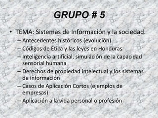 GRUPO # 6 : Telecomunicaciones y redes en los negocios.GRUPO # 1 TEMA: Herramientas de Software de Administración  de proyectosImportancia de la administración de proyectosEnlace  de proyectos de sistemas con el plan de negocio (ejemplos)Costos y beneficios de los sistemas de información Obtención del ROI en las herramientas de software de Admón de ProyectosAplicación a la vida personal o profesión