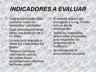 INDICADORES A EVALUARCada presentación debe contener todos los elementos  solicitadosCada presentación debe tener una duración de 2 hr. ClaseLa nota será asignada a todos los integrantes del grupo.Tome en cuenta la información acerca de:¿cómo hacer presentaciones efectivas en Powerpoint?El reporte deberá ser entregado a la Ing. Pineda con un día de anticipación.Todos los integrantes deben estar preparados para responder las preguntas de la audiencia.Se considerará la presentación personal