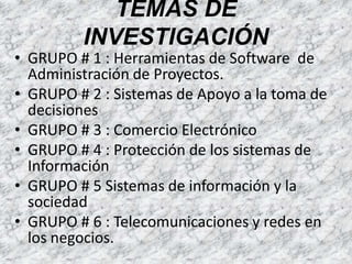 TEMAS DE INVESTIGACIÓNGRUPO # 1 : Herramientas de Software  de Administración de Proyectos.