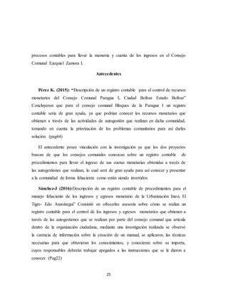 25
procesos contables para llevar la memoria y cuenta de los ingresos en el Consejo
Comunal Ezequiel Zamora I.
Antecedentes
Pérez K. (2015): “Descripción de un registro contable para el control de recursos
monetarios del Consejo Comunal Paragua I, Ciudad Bolívar Estado Bolívar”
Concluyeron que para el consejo comunal Bloques de la Paragua I un registro
contable sería de gran ayuda, ya que podrían conocer los recursos monetarios que
obtienen a través de las actividades de autogestión que realizan en dicha comunidad,
tomando en cuenta la priorización de los problemas comunitarios para así darles
solución. (pag44)
El antecedente posee vinculación con la investigación ya que los dos proyectos
buscan de que los consejos comunales conozcan sobre un registro contable de
procedimientos para llevar el ingreso de sus cuotas monetarias obtenidas a través de
las autogestiones que realizan, lo cual será de gran ayuda para así conocer y presentar
a la comunidad de forma fehaciente como están siendo invertidos.
Sánchez-J (2016):Descripción de un registro contable de procedimientos para el
manejo fehaciente de los ingresos y egresos monetario de la Urbanización Inavi, El
Tigre- Edo Anzoátegui” Consistió en ofrecerles asesoría sobre cómo se realiza un
registro contable para el control de los ingresos y egresos monetarios que obtienen a
través de las autogestiones que se realizan por parte del consejo comunal que articula
dentro de la organización ciudadana, mediante una investigación realizada se observó
la carencia de información sobre la creación de un manual, se aplicaron, las técnicas
necesarias para que obtuvieran los conocimientos, y conocieran sobre su importa,
cuyos responsables deberán trabajar apegados a las instrucciones que se le dieron a
conocer. (Pag22)
 
