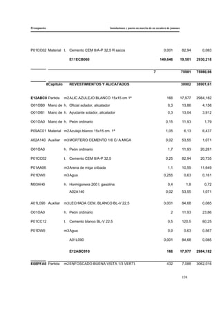 Presupuesto Instalaciones y puesta en marcha de un secadero de jamones
138
P01CC02 Material t. Cemento CEM II/A-P 32,5 R sacos 0,001 82,94 0,083
E11ECB060 149,646 19,581 2930,218
7 75981 75980,98
8Capítulo REVESTIMIENTOS Y ALICATADOS 38902 38901,61
E12ABC0 Partida m2ALIC.AZULEJO BLANCO 15x15 cm 1ª 166 17,977 2984,182
O01OB0 Mano de h. Oficial solador, alicatador 0,3 13,86 4,158
O01OB1 Mano de h. Ayudante solador, alicatador 0,3 13,04 3,912
O01OA0 Mano de h. Peón ordinario 0,15 11,93 1,79
P09AC01 Material m2Azulejo blanco 15x15 cm. 1ª 1,05 6,13 6,437
A02A140 Auxiliar m3MORTERO CEMENTO 1/6 C/ A.MIGA 0,02 53,55 1,071
O01OA0 h. Peón ordinario 1,7 11,93 20,281
P01CC02 t. Cemento CEM II/A-P 32,5 0,25 82,94 20,735
P01AA06 m3Arena de miga cribada 1,1 10,59 11,649
P01DW0 m3Agua 0,255 0,63 0,161
M03HH0 h. Hormigonera 200 l. gasolina 0,4 1,8 0,72
A02A140 0,02 53,55 1,071
A01L090 Auxiliar m3LECHADA CEM. BLANCO BL-V 22,5 0,001 84,68 0,085
O01OA0 h. Peón ordinario 2 11,93 23,86
P01CC12 t. Cemento blanco BL-V 22,5 0,5 120,5 60,25
P01DW0 m3Agua 0,9 0,63 0,567
A01L090 0,001 84,68 0,085
E12ABC010 166 17,977 2984,182
E08PFA0 Partida m2ENFOSCADO BUENA VISTA 1/3 VERTI. 432 7,088 3062,016
 
